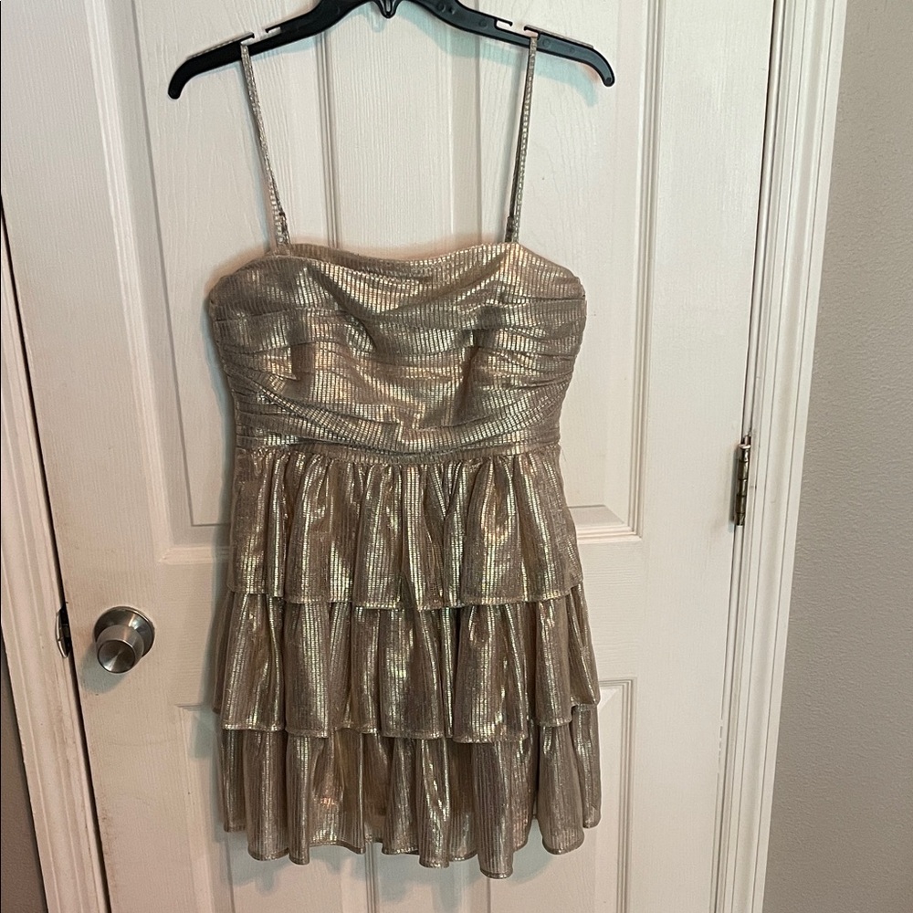 Shimmery Gold Tiered Mini Dress with Spaghetti Straps